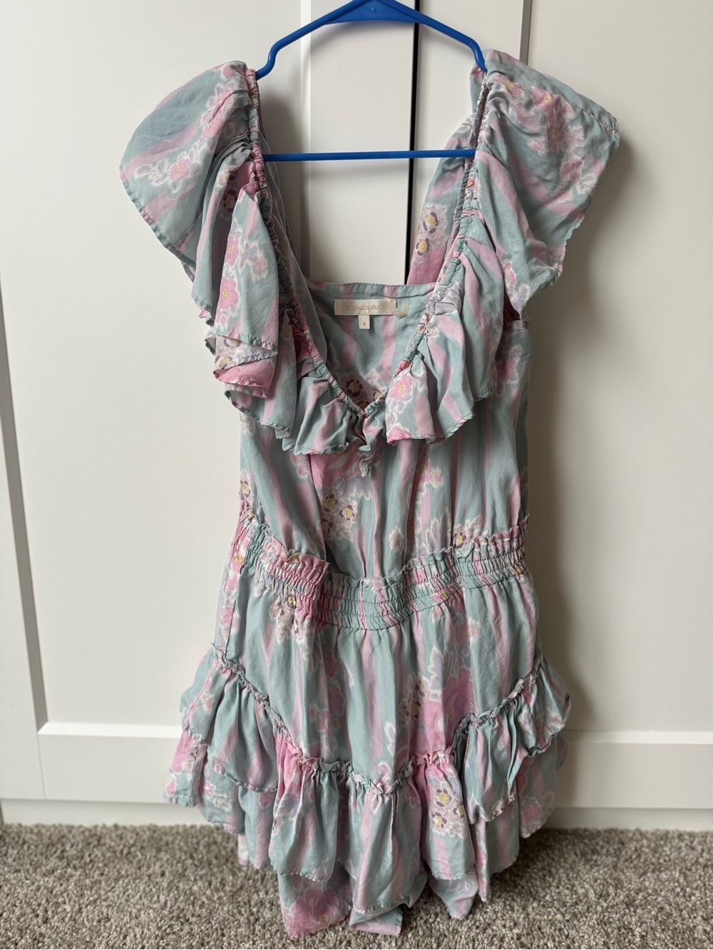 LoveShackFancy Pastel Blue and Pink Floral Mini Dress